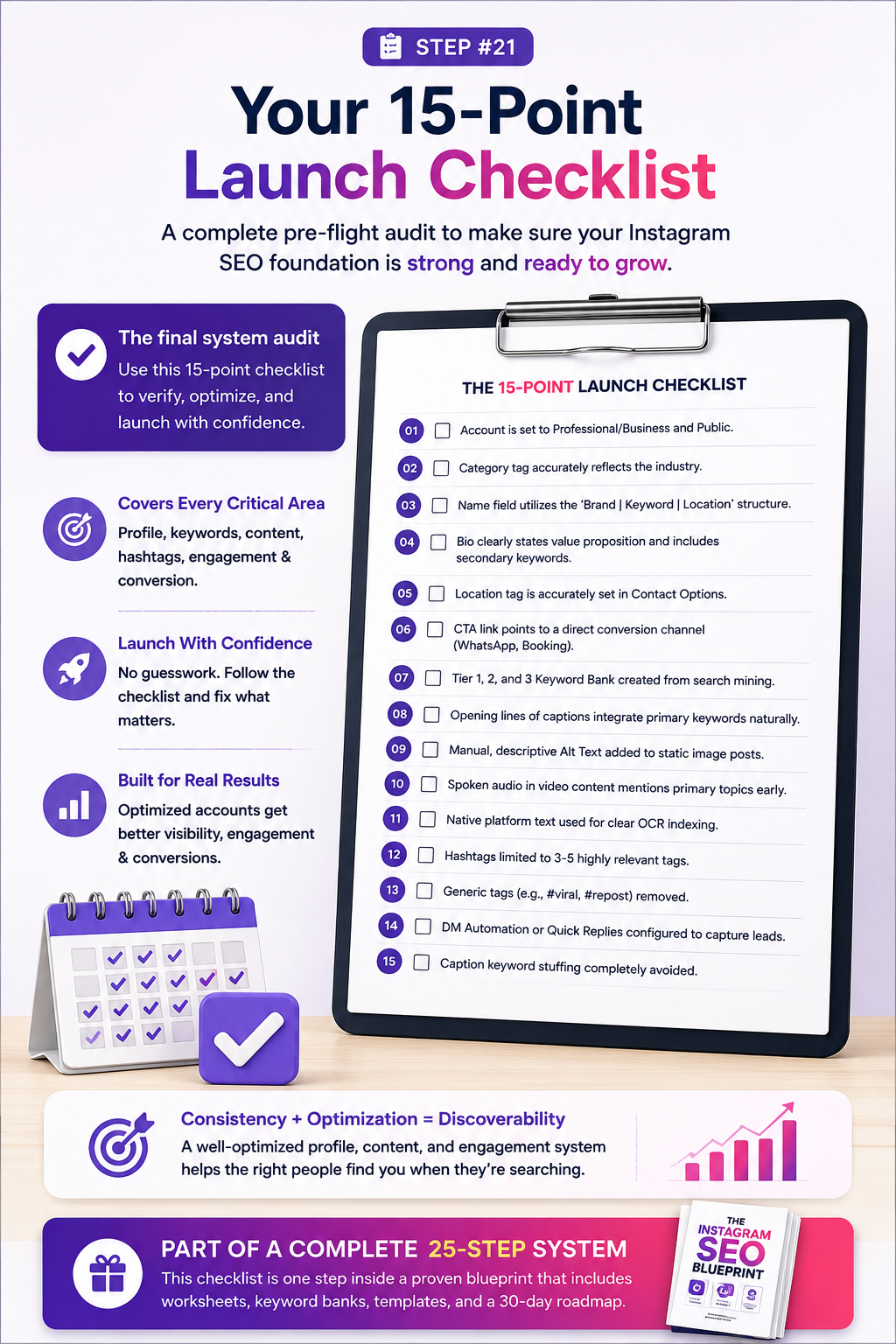 Promotional graphic for a digital Instagram SEO checklist product, titled 'Your 15-Point Launch Checklist'. The design features a large black tablet mockup displaying the checklist, surrounded by purple and white text callouts highlighting key features like covering every critical area, launching with confidence, and building for real results.