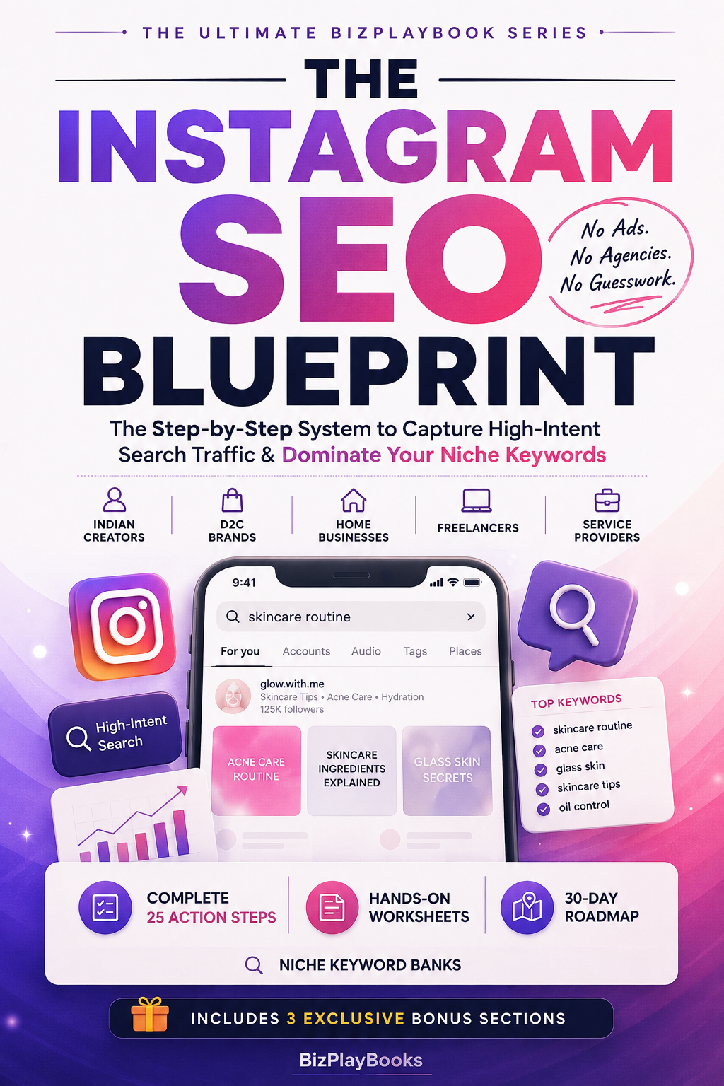 Promotional cover graphic for a digital product titled 'The Instagram SEO Blueprint' by BizPlaybooks. The design features a purple-to-pink gradient background with bold text, social media icons, and mockups of an Instagram story and keyword planner.
