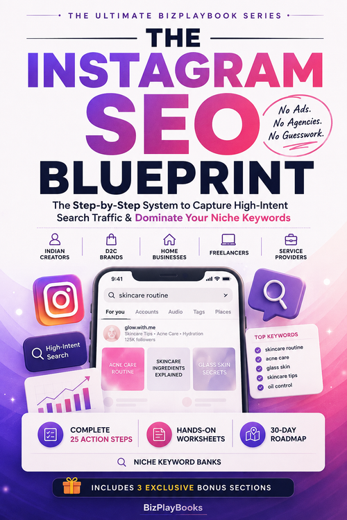 Promotional cover graphic for a digital product titled 'The Instagram SEO Blueprint' by BizPlaybooks. The design features a purple-to-pink gradient background with bold text, social media icons, and mockups of an Instagram story and keyword planner.